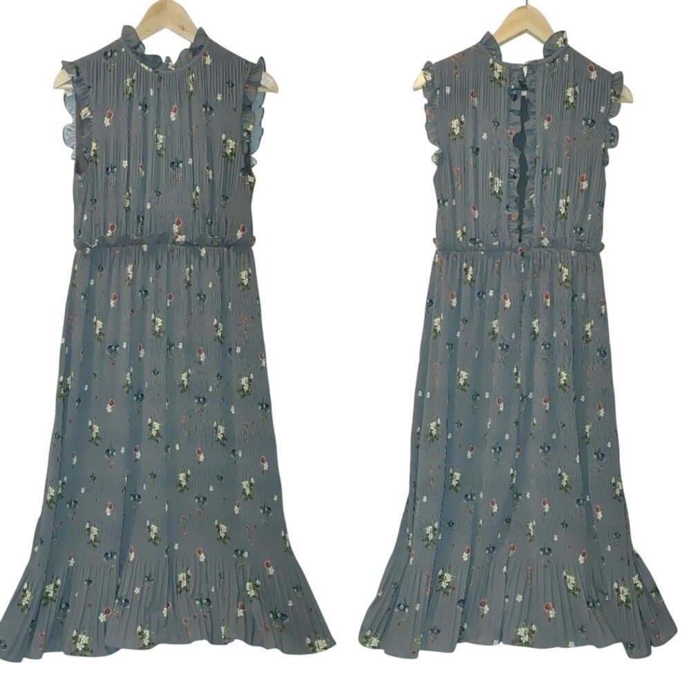 Ted‎ Baker Oracle Mock Neck Midi Ruffle Gray Pleated Sleeveless Cream Floral 1 4 - Picture 2 of 15